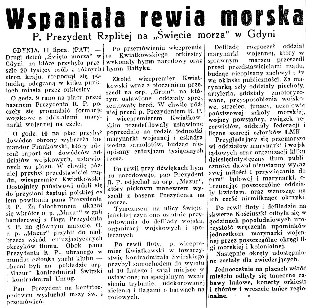 Wspaniała rewia morska. P. Prezydent Rzplitej na "Święcie Morza" w Gdyni // Głos Poranny. - 1932, nr 189, s. 5