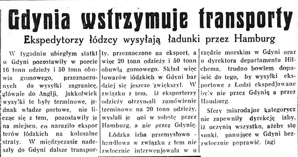 Gdynia wstrzymuje transporty. Ekspedytorzy łódzcy wysyłają ładunki przez Hamburg // Głos Poranny. - 1932, nr 89, s. 9