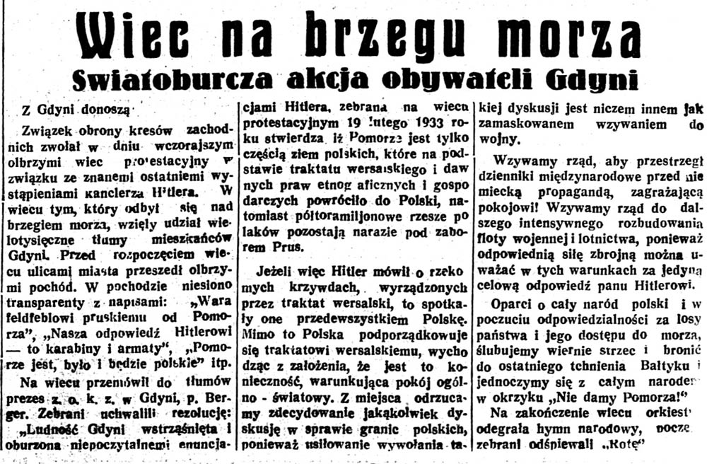 Wiec na brzegu morza. Światoburcza akcja obywateli Gdyni // Głos Poranny. - 1933, nr 51, s. 1
