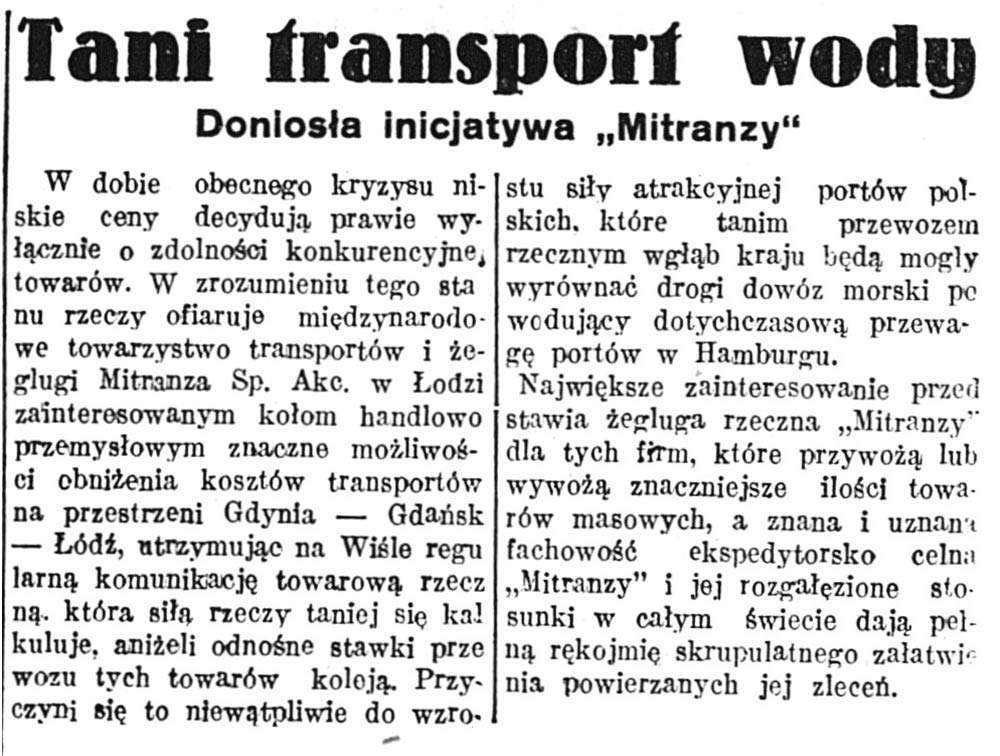 Tani transport wodny. Doniosła inicjatywa "Mitranzy" // Głos Poranny. - 1932, nr 89, s. 9