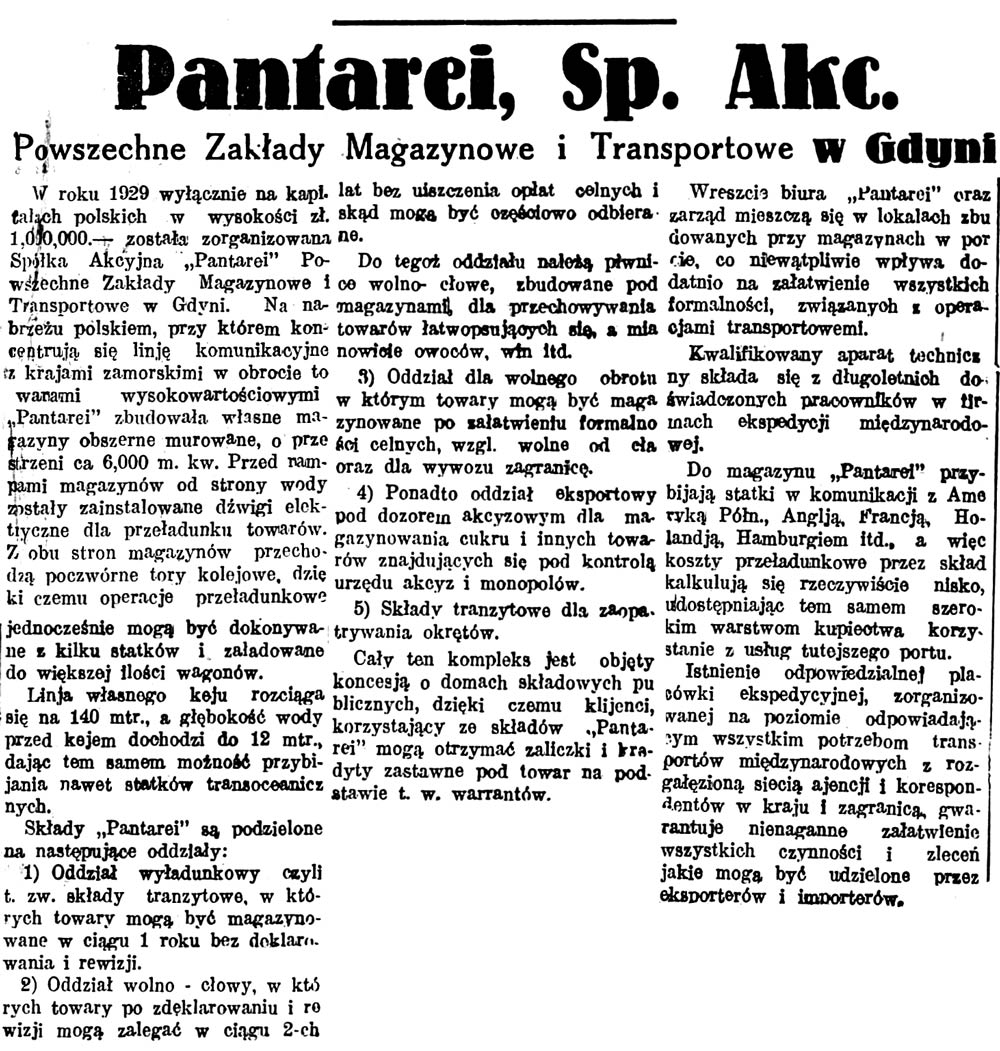 Pantarei, Sp. Akc. Powszechne Zakłady Magazynowe i Transportowe w Gdyni // Głos Poranny. - 1932, nr 89, s. 9
