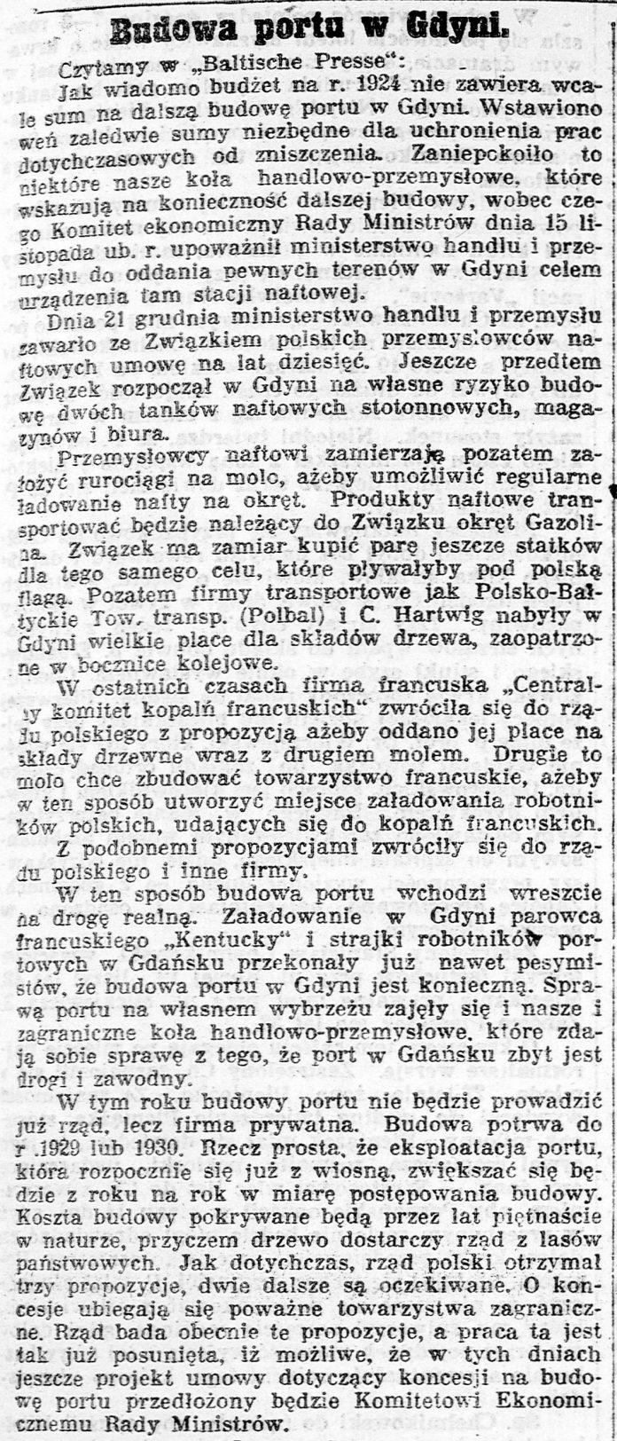 Budowa portu w Gdyni // Kurjer Poznański. - 1924, nr 24, s. 9