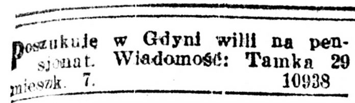 Poszukuję w Gdyni Willi na pensjonat // Kurjer Warszawski. - 1918, nr 39, s. 21