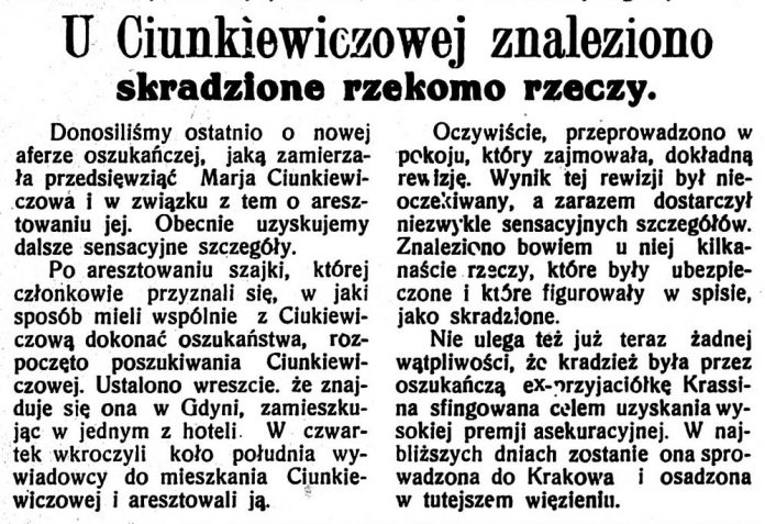 U Ciunkiewiczowej znaleziono skradzione rzekomo rzeczy // Wieczorna Gazeta Wileńska. - 1934, nr 52, s. 2